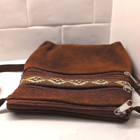 Brown Suede Crossbody Bag with Southwest Patterned Detail Hippie Boho Country - Picture 4 of 7